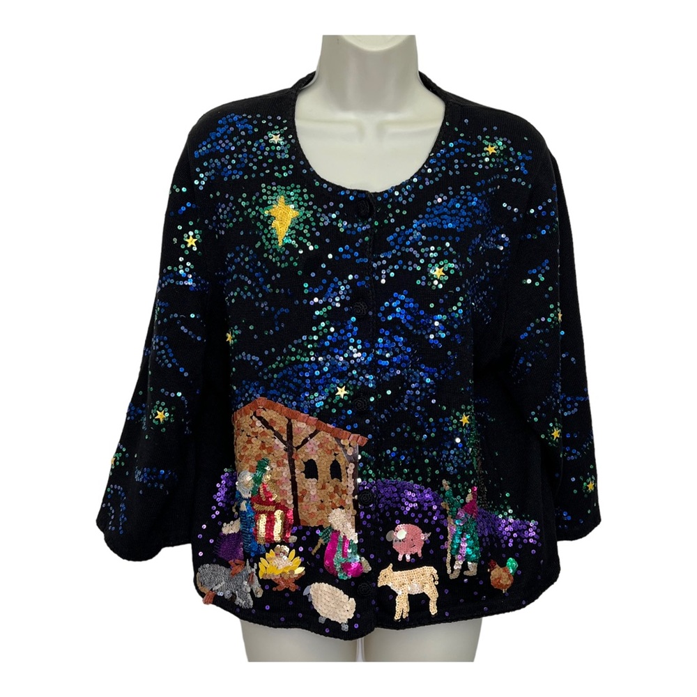 Vintage 80’s Michael Simon Sequined Nativity Scene  Christmas Sweater VTG